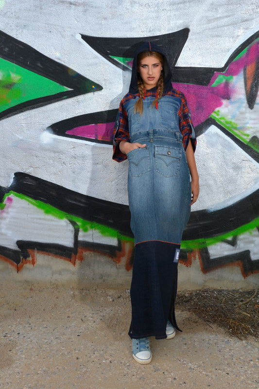 Abito Kaftano in Denim e Fantasia Tartan