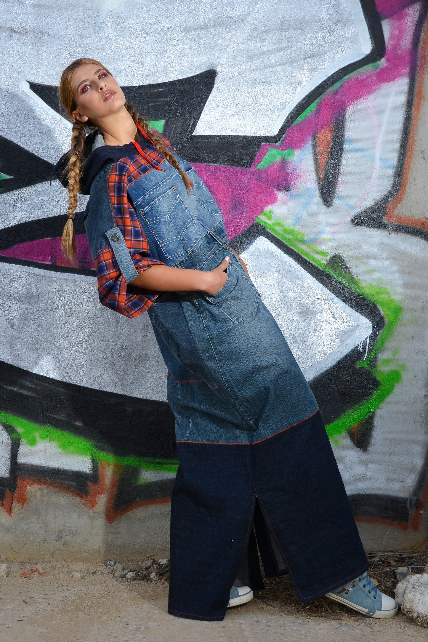 Abito Kaftano in Denim e Fantasia Tartan
