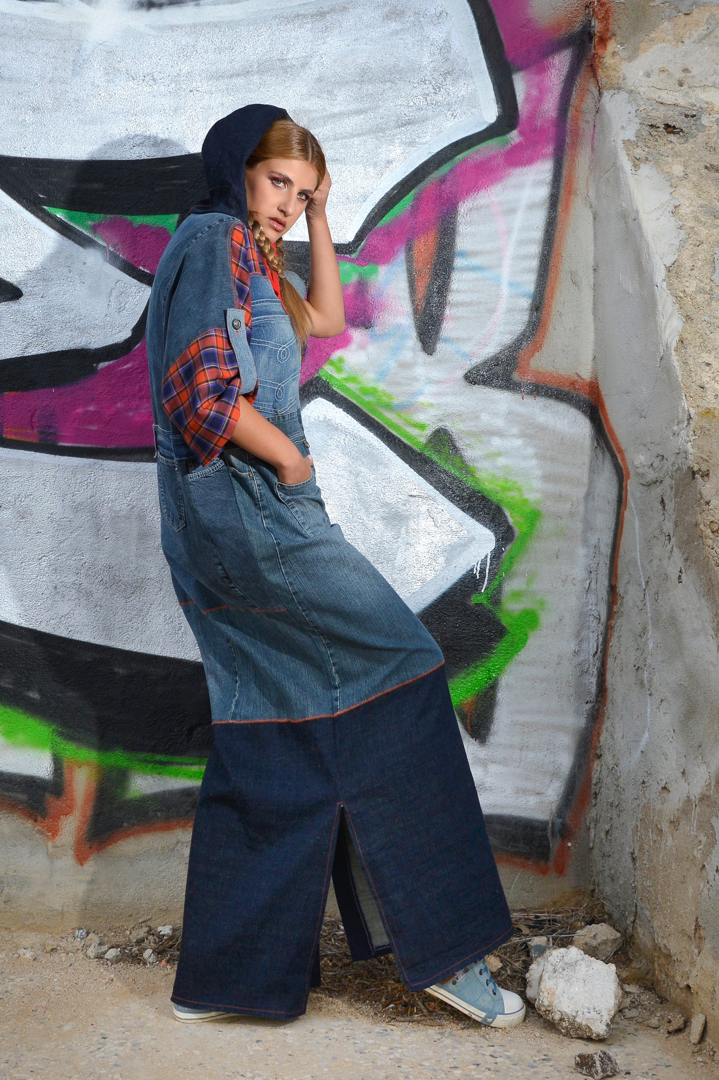 Abito Kaftano in Denim e Fantasia Tartan