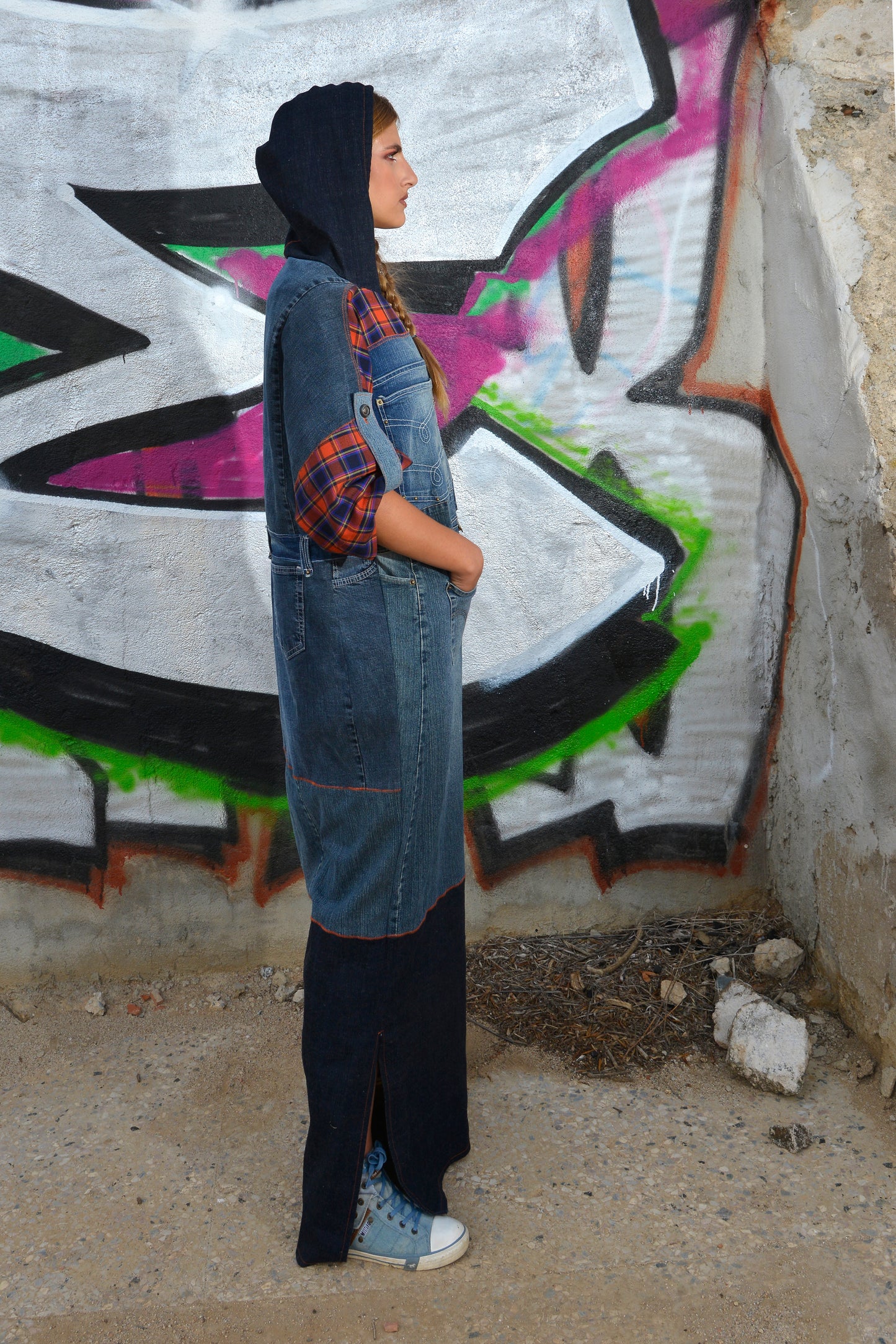 Abito Kaftano in Denim e Fantasia Tartan