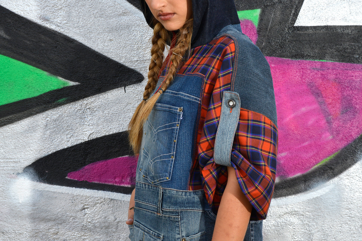 Abito Kaftano in Denim e Fantasia Tartan