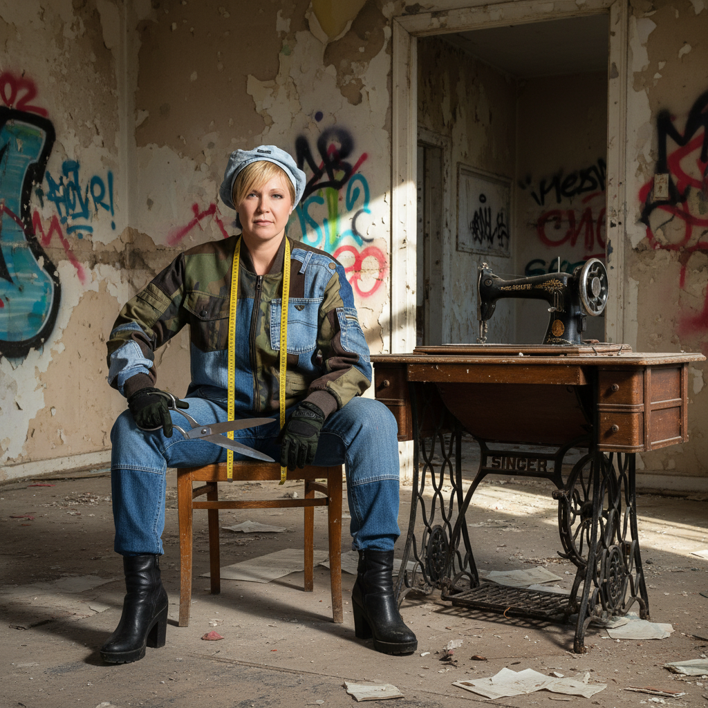 Donna seduta su una sedia in una stanza abbandonata con muri scrostati e graffiti, indossa una tuta in denim patchwork e tessuto militare, con metro da sarta al collo e una macchina da cucire vintage accanto.
