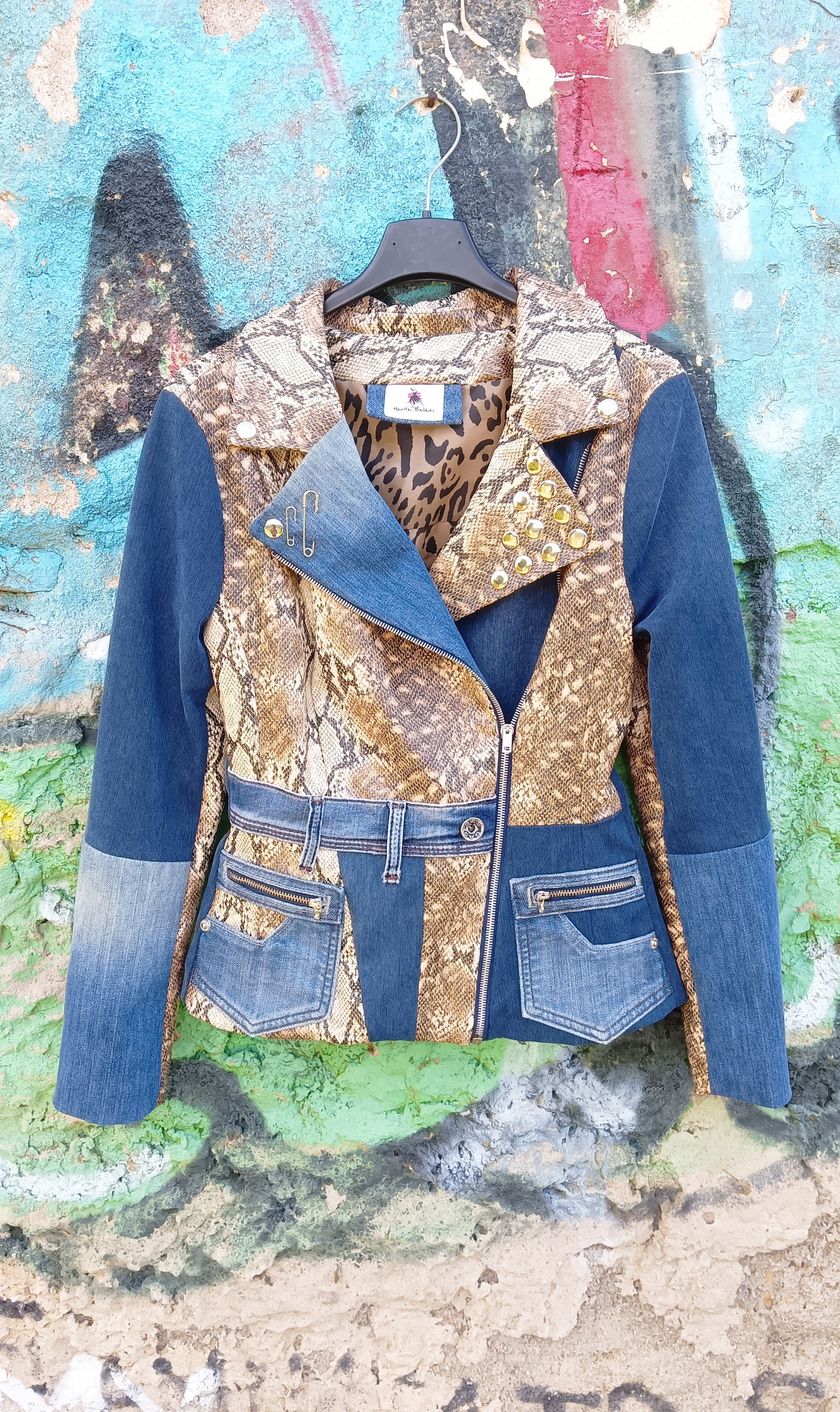 Giacca Biker in Denim Riciclato e Nappa con Stampa Pitonato
