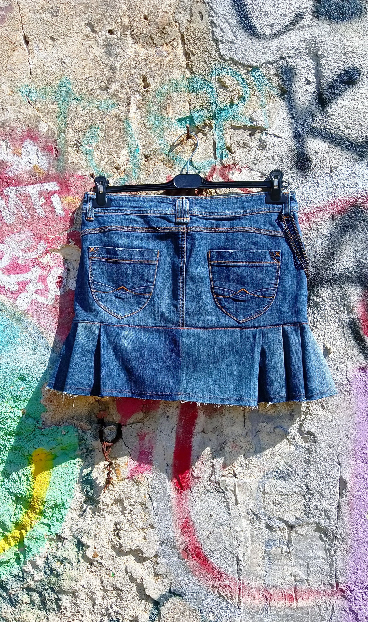 Gonna Denim a Pieghe con inserti Tartan