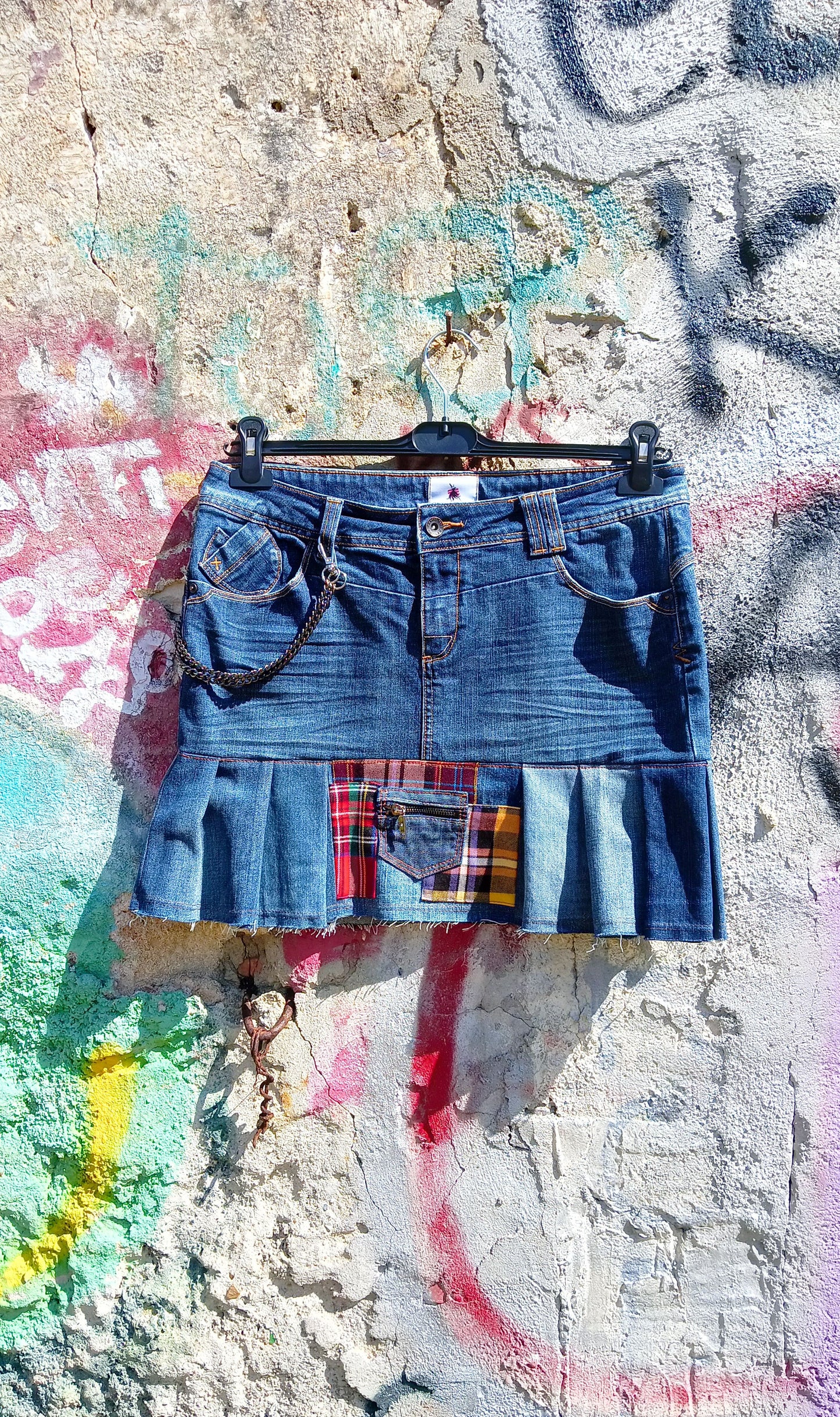 Gonna Denim a Pieghe con inserti Tartan