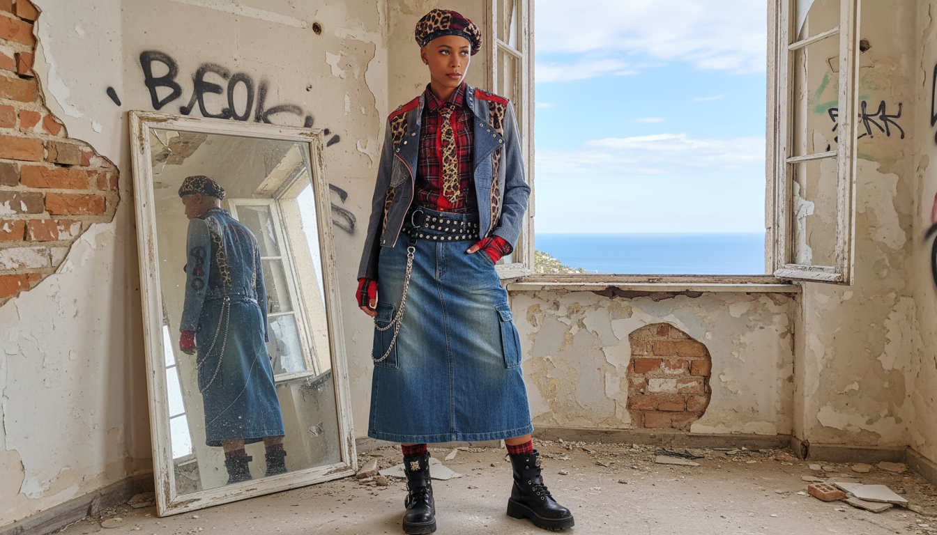 Modella in una stanza abbandonata con pareti scrostate e graffiti, indossa una giacca di jeans con borchie, camicia a quadri rossa, cravatta nera, gonna lunga in denim con catene e cintura borchiata, basco scozzese e anfibi neri, con vista sul mare dalla finestra, rappresentando lo stile punk sostenibile della collezione Punk-à-Porter 25/26 di Marita Balàzs.