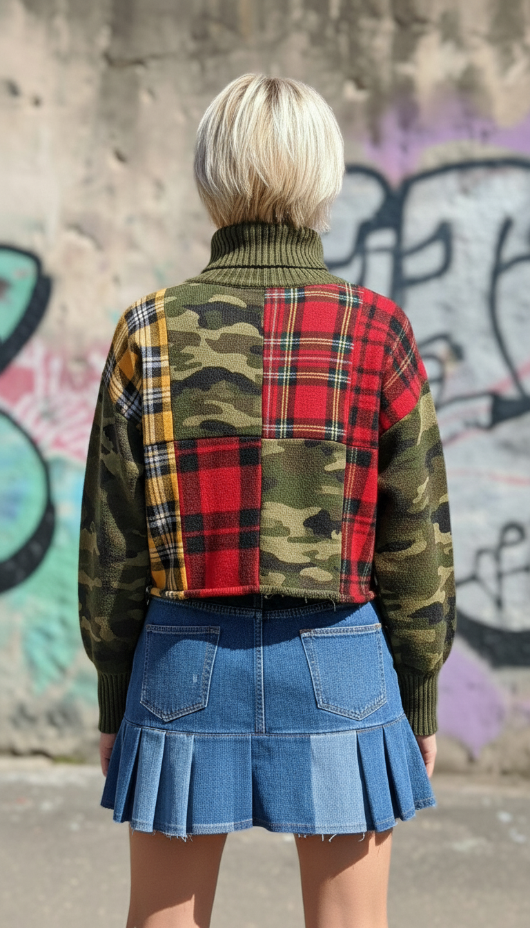 Gonna Denim a Pieghe con inserti Tartan