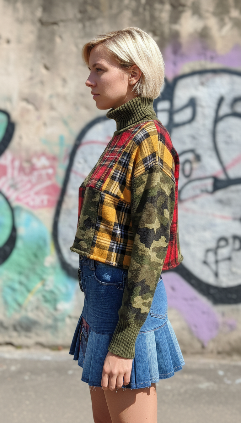 Gonna Denim a Pieghe con inserti Tartan