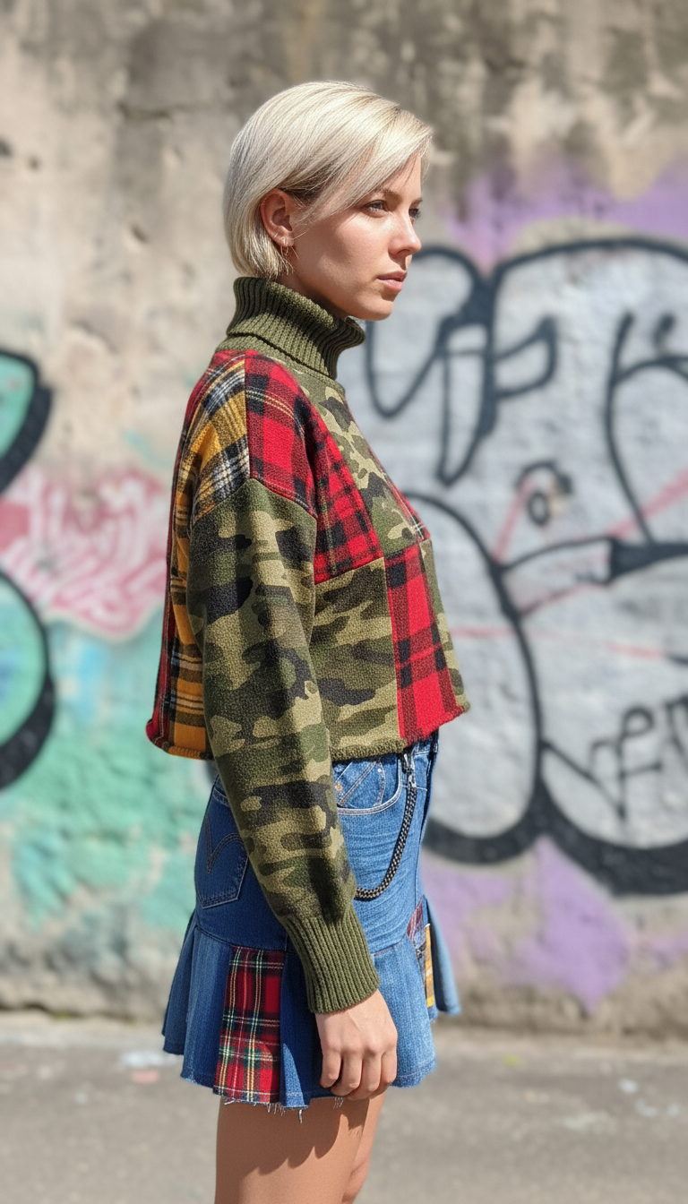 Gonna Denim a Pieghe con inserti Tartan