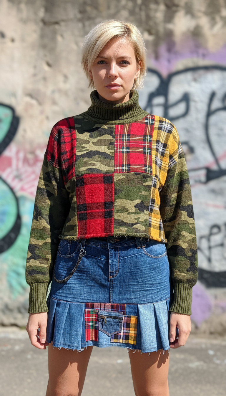 Gonna Denim a Pieghe con inserti Tartan