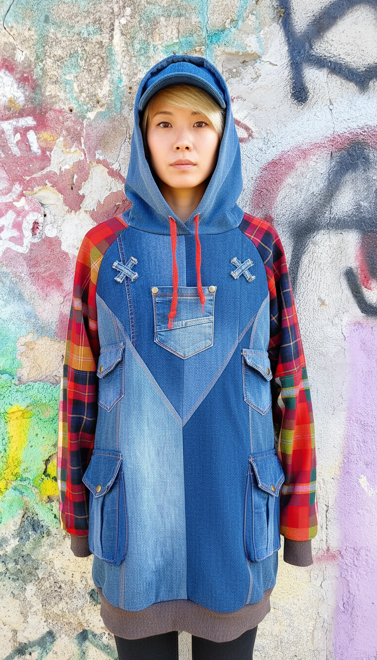 Felpa Lunga Unisex in Denim Riciclato con Maniche in Tartan e Dettagli Artistici