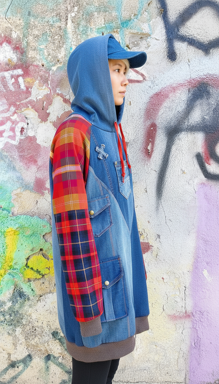 Felpa Lunga Unisex in Denim Riciclato con Maniche in Tartan e Dettagli Artistici