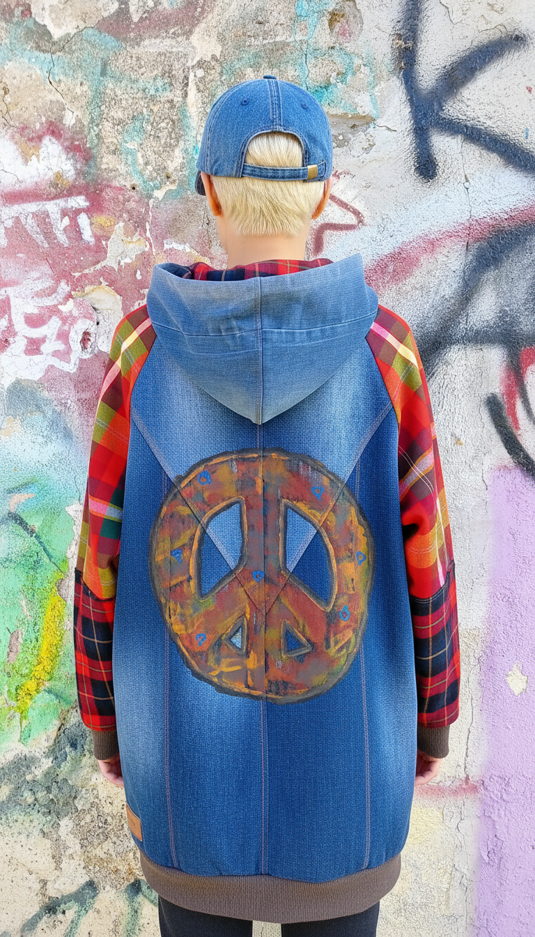 Felpa Lunga Unisex in Denim Riciclato con Maniche in Tartan e Dettagli Artistici