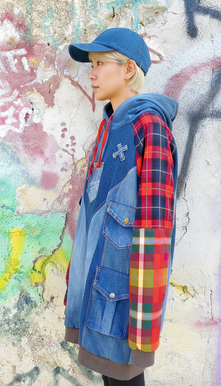 Felpa Lunga Unisex in Denim Riciclato con Maniche in Tartan e Dettagli Artistici