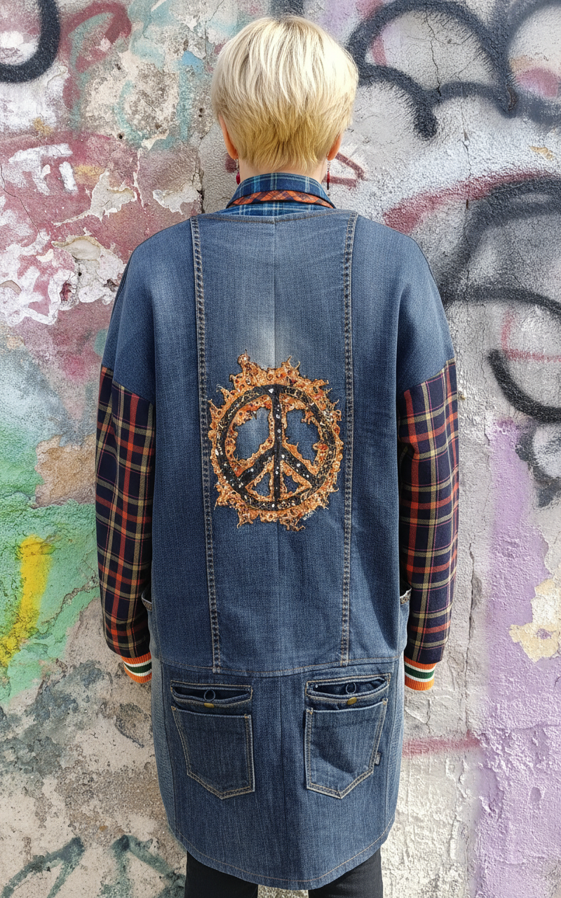 Spolverino in Denim Riciclato con Maniche in Tartan e Dettagli Artistici