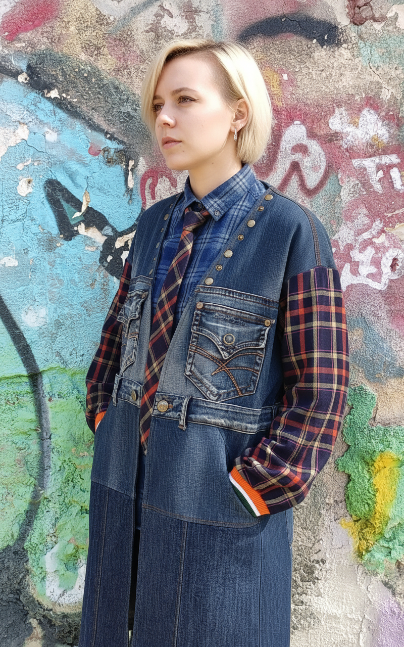 Spolverino in Denim Riciclato con Maniche in Tartan e Dettagli Artistici