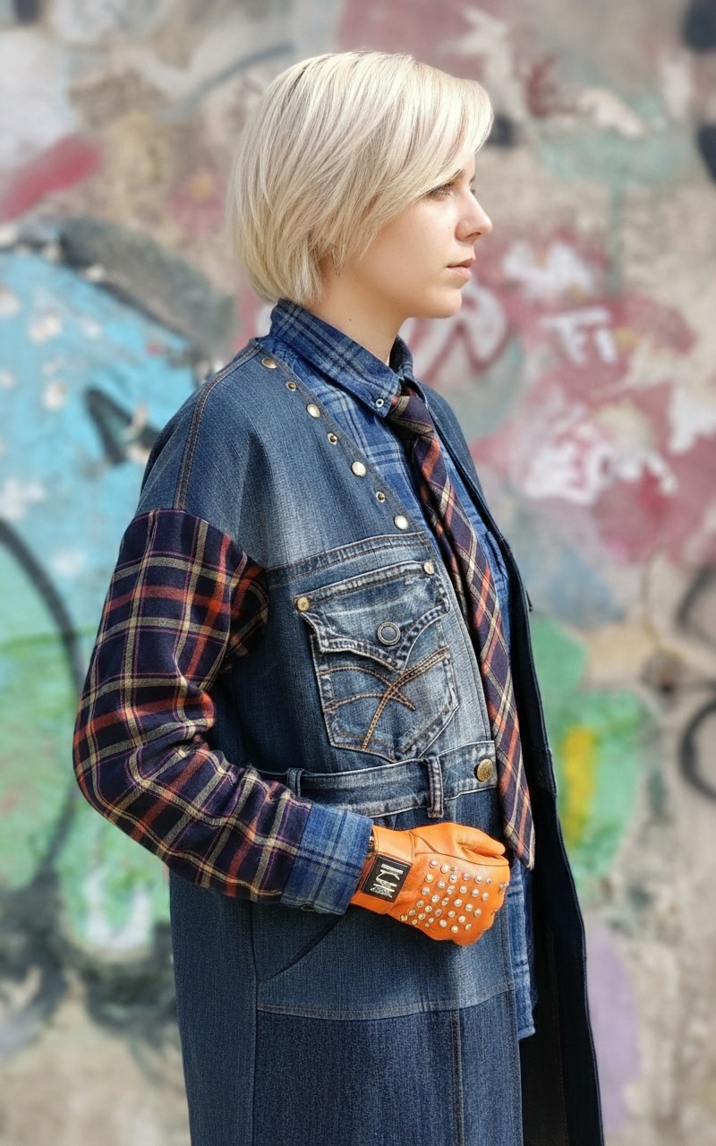 Spolverino in Denim Riciclato con Maniche in Tartan e Dettagli Artistici
