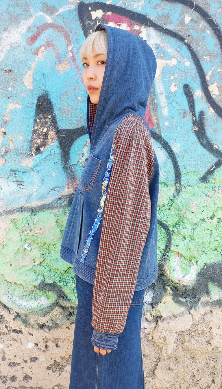 Felpa Corta da Donna in Denim Riciclato con Maniche in Tartan