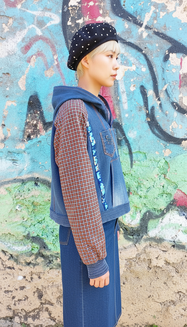 Felpa Corta da Donna in Denim Riciclato con Maniche in Tartan