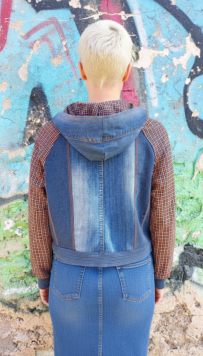 Felpa Corta da Donna in Denim Riciclato con Maniche in Tartan