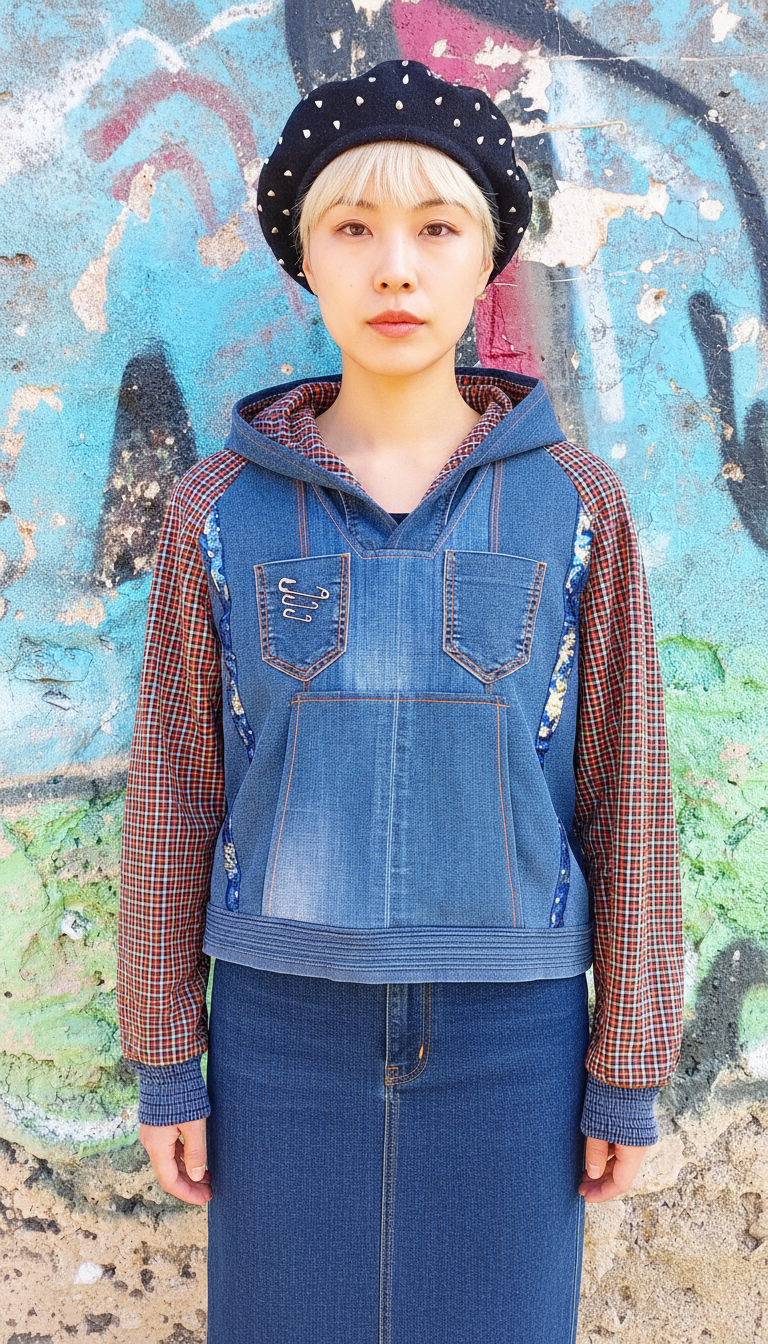 Felpa Corta da Donna in Denim Riciclato con Maniche in Tartan