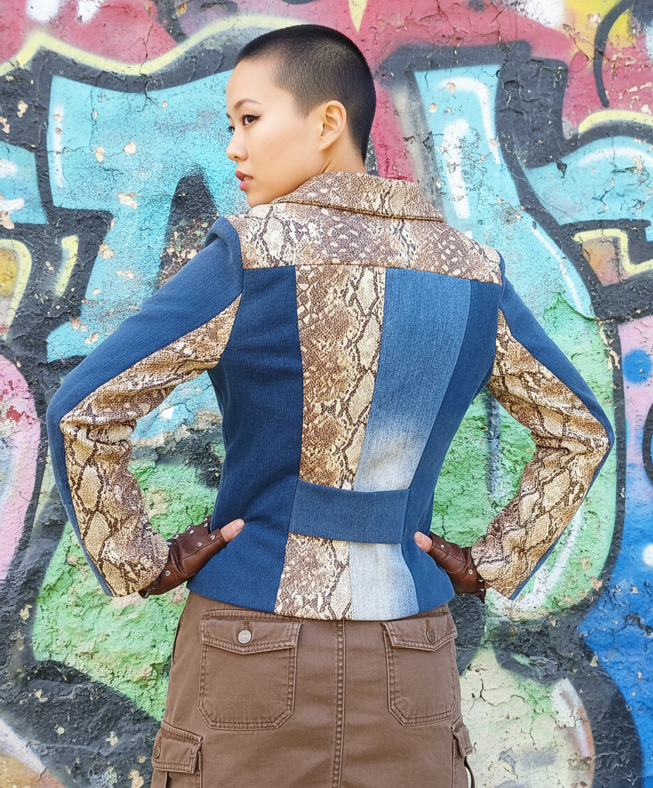Giacca Biker in Denim Riciclato e Nappa con Stampa Pitonato