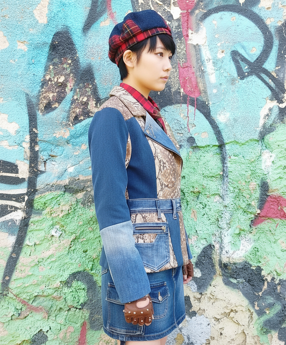 Giacca Biker in Denim Riciclato e Nappa con Stampa Pitonato