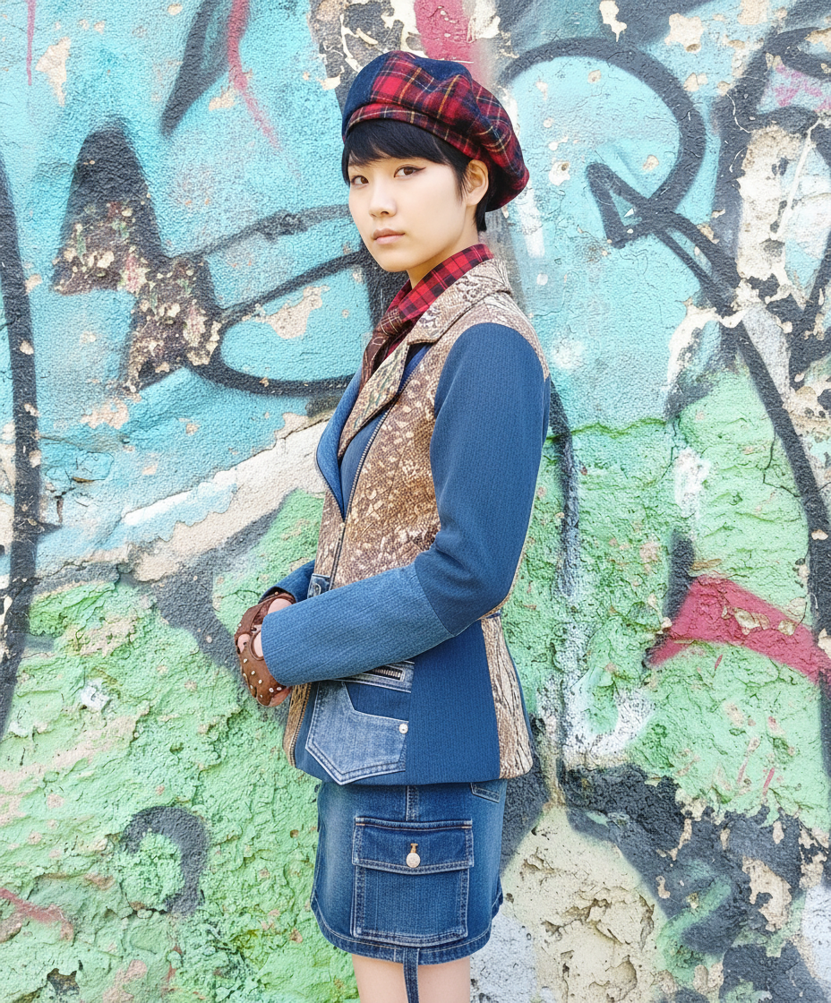 Giacca Biker in Denim Riciclato e Nappa con Stampa Pitonato