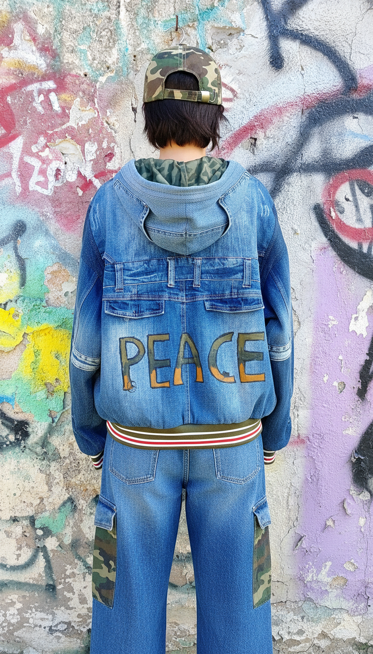 Felpa Unisex in Denim Riciclato con Dettagli Mimetici