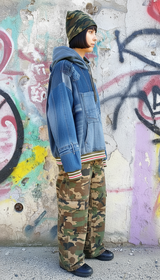 Felpa Unisex in Denim Riciclato con Dettagli Mimetici