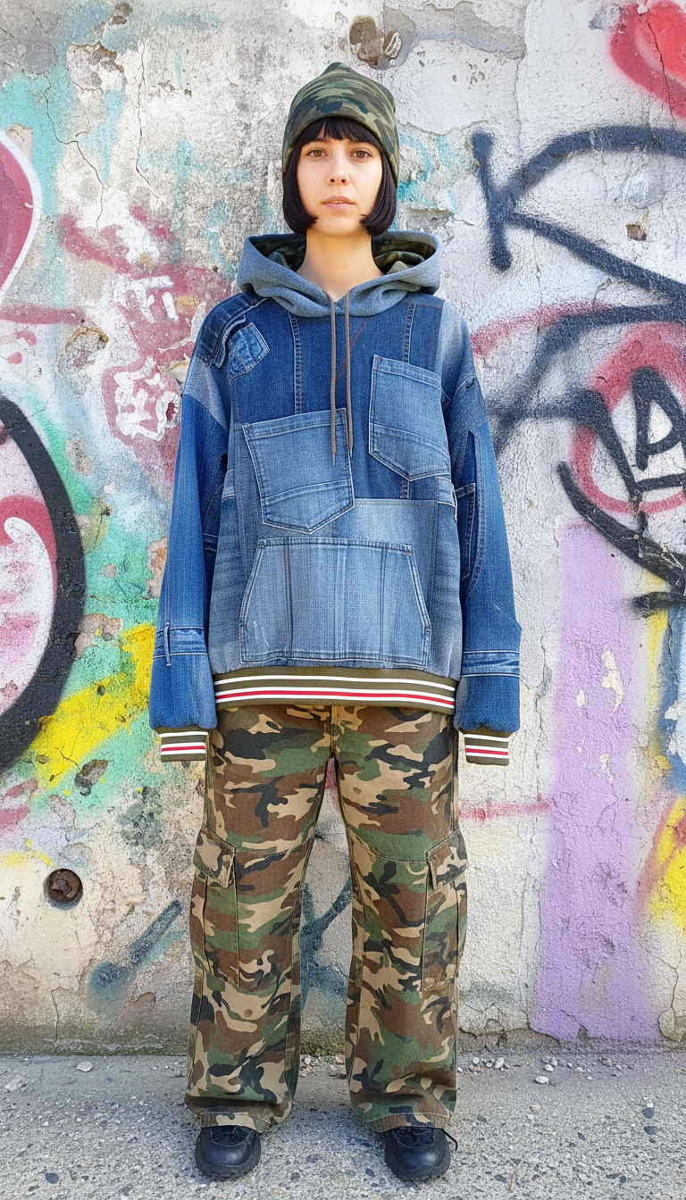 Felpa Unisex in Denim Riciclato con Dettagli Mimetici