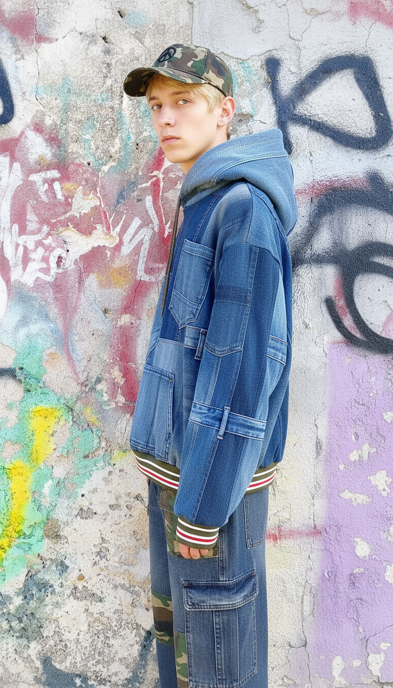 Felpa Unisex in Denim Riciclato con Dettagli Mimetici
