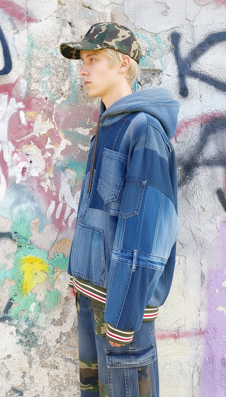 Felpa Unisex in Denim Riciclato con Dettagli Mimetici