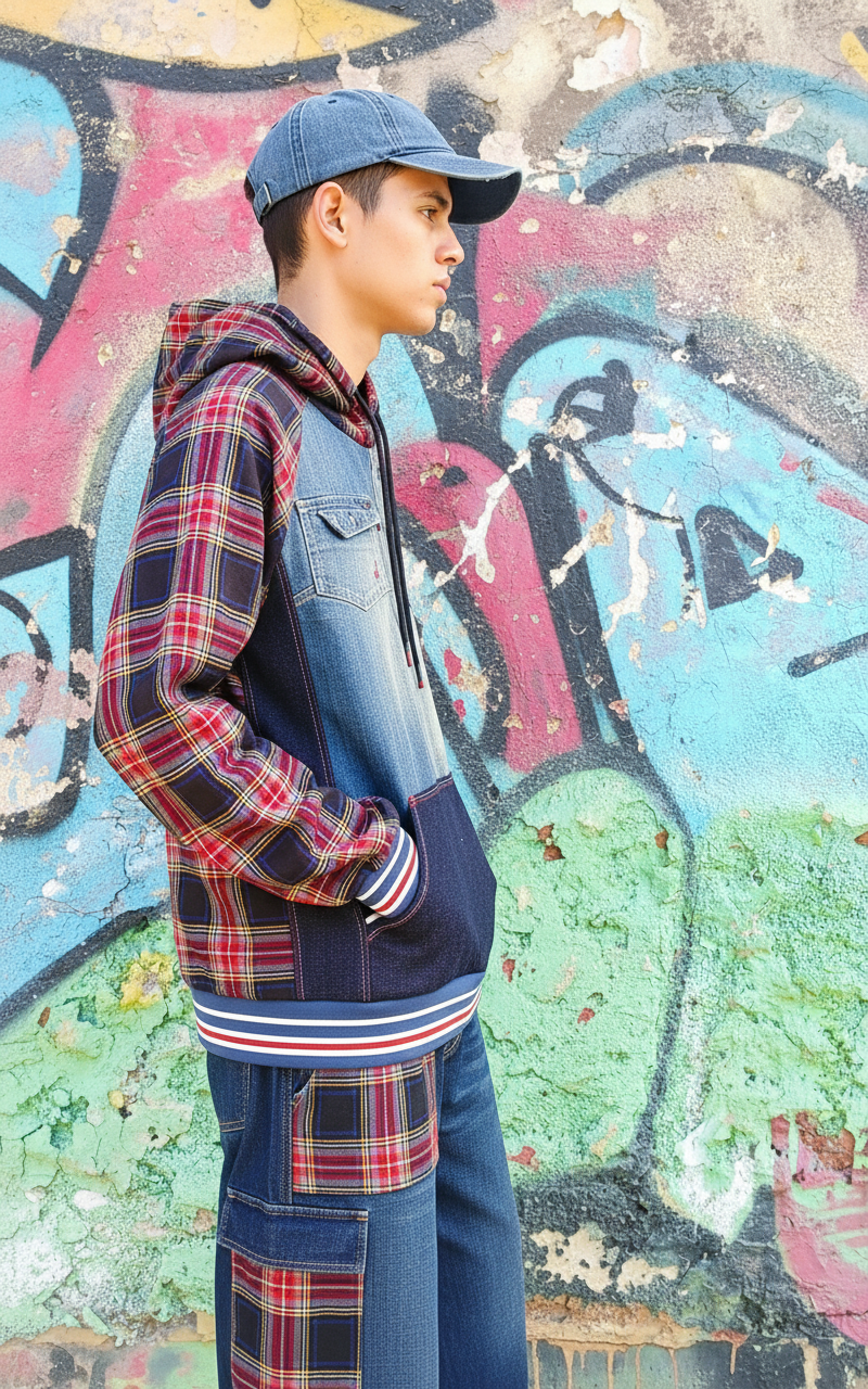 Felpa Unisex in Denim Riciclato e Tartan