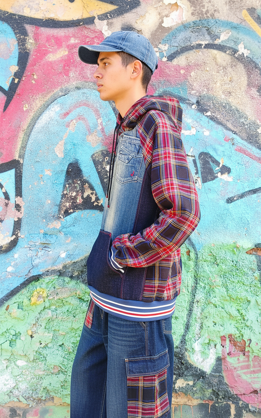Felpa Unisex in Denim Riciclato e Tartan