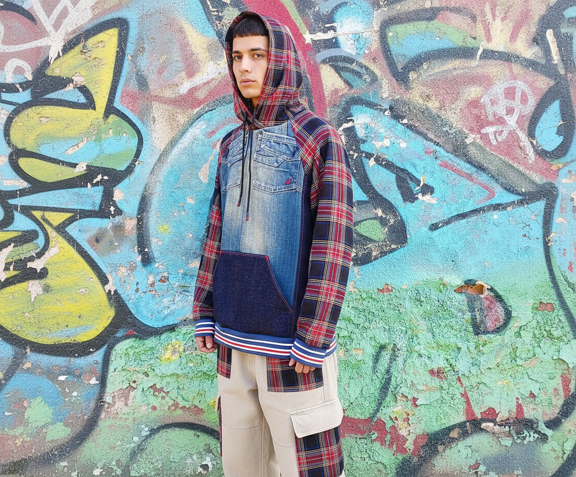 Felpa Unisex in Denim Riciclato e Tartan