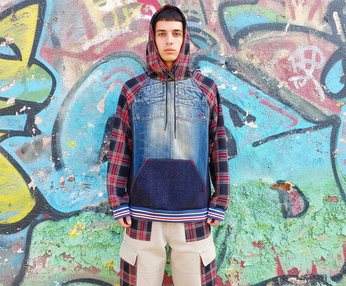 Felpa Unisex in Denim Riciclato e Tartan