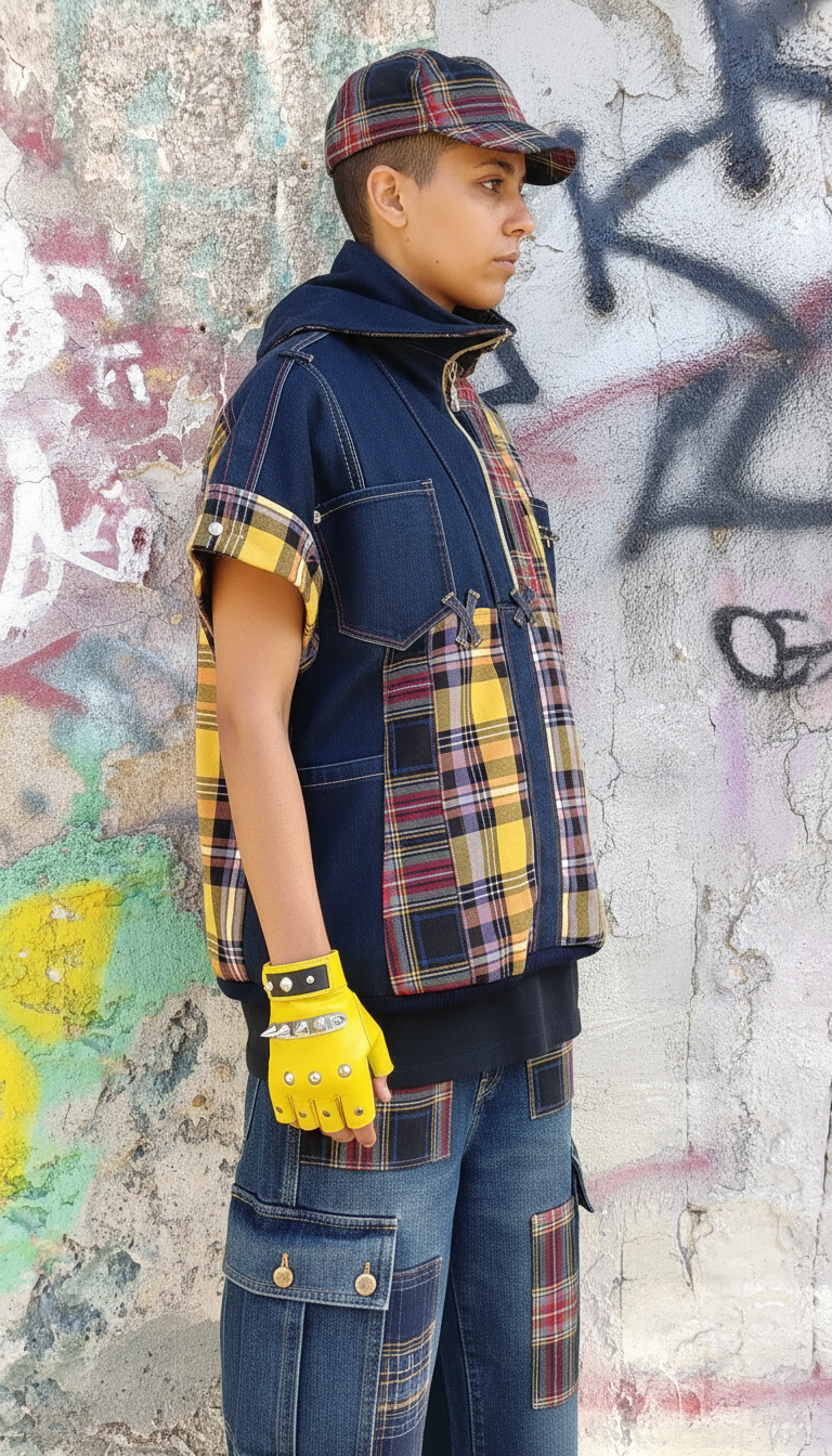 Felpa Unisex Smanicata in Patchwork di Denim Riciclato