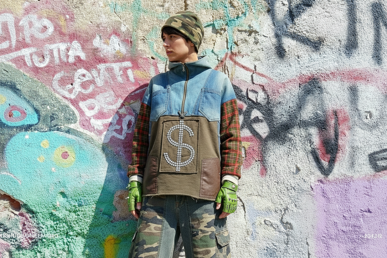 Felpa Unisex in Tartan e Denim Riciclato
