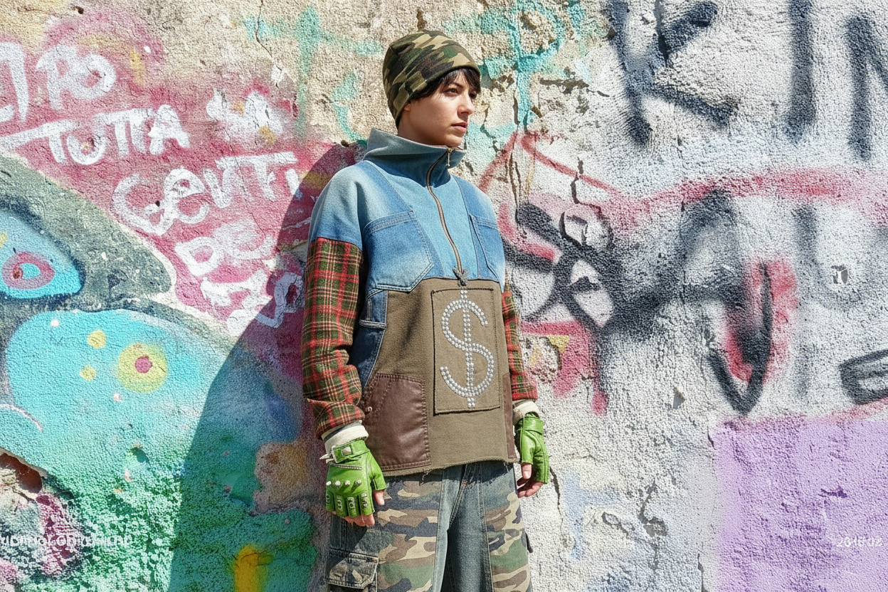 Felpa Unisex in Tartan e Denim Riciclato