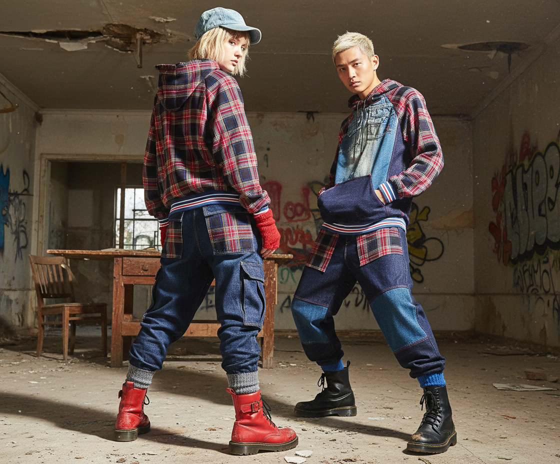 Felpa Unisex in Denim Riciclato e Tartan