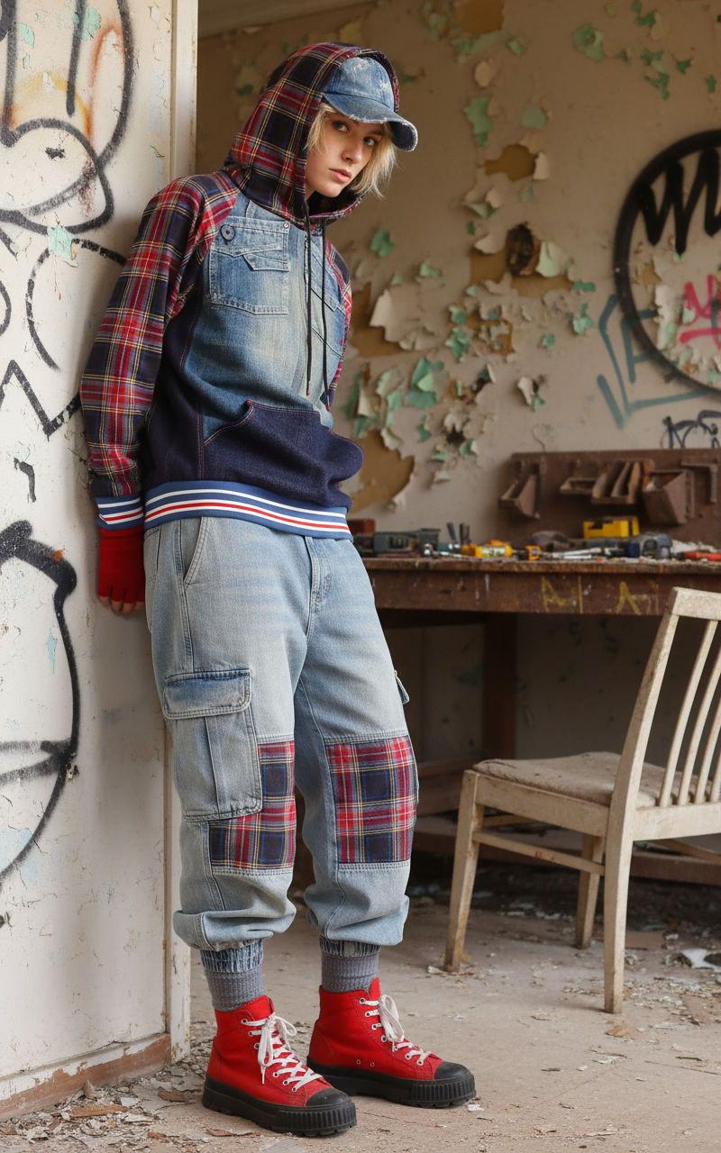 Felpa Unisex in Denim Riciclato e Tartan