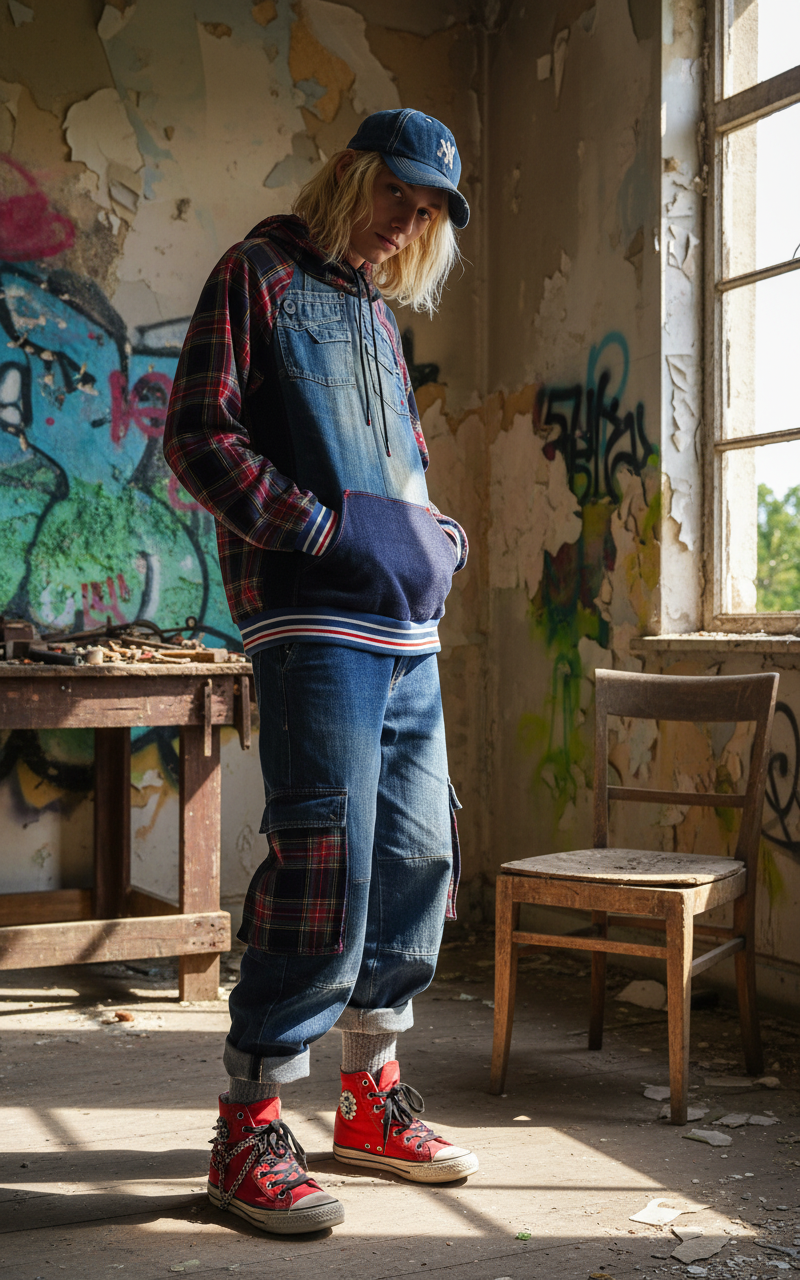 Felpa Unisex in Denim Riciclato e Tartan