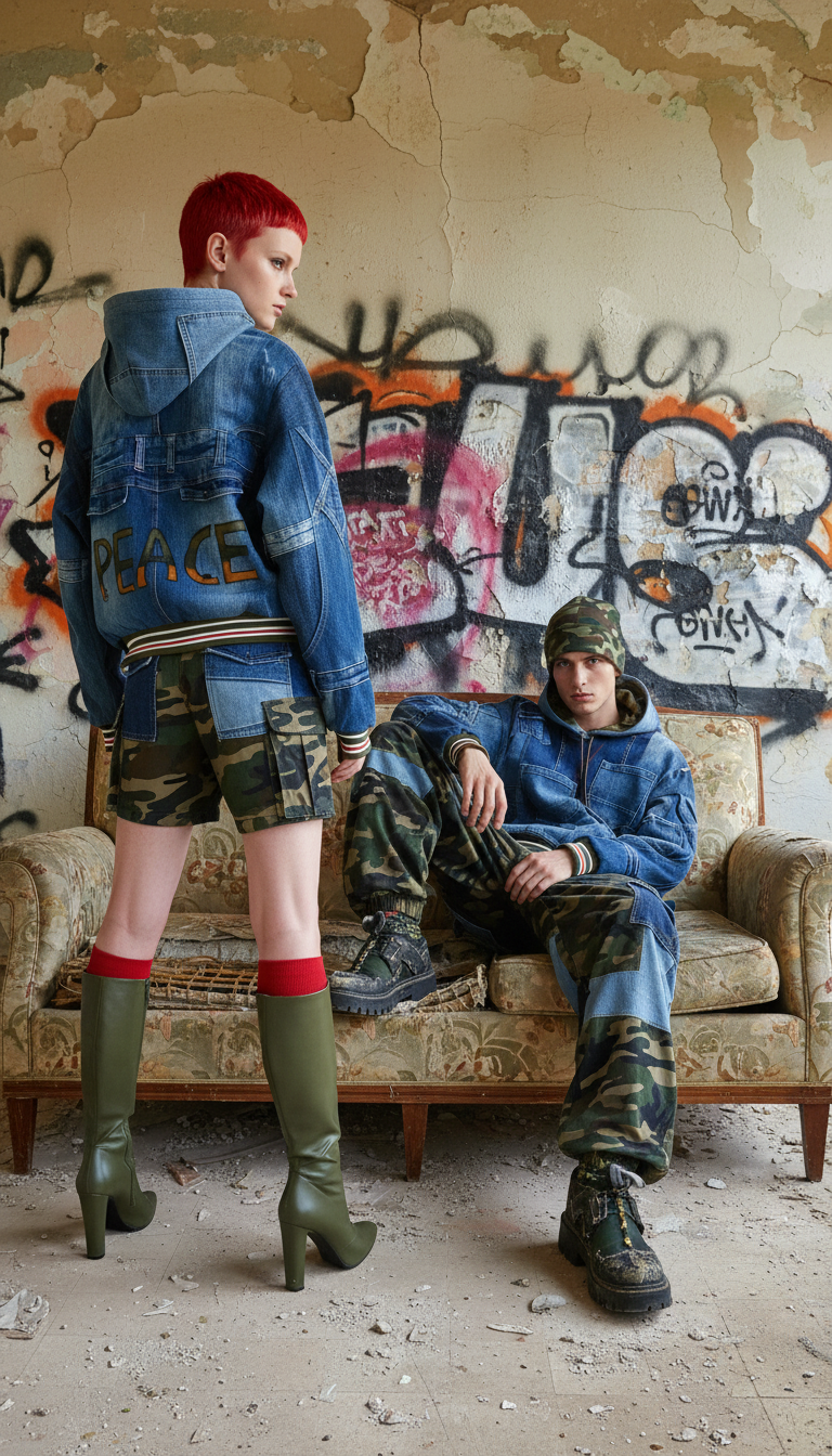 Felpa Unisex in Denim Riciclato con Dettagli Mimetici