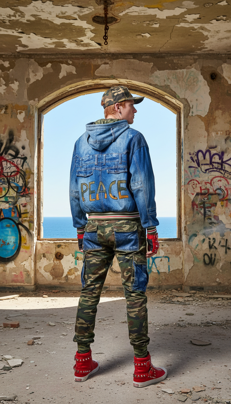 Felpa Unisex in Denim Riciclato con Dettagli Mimetici