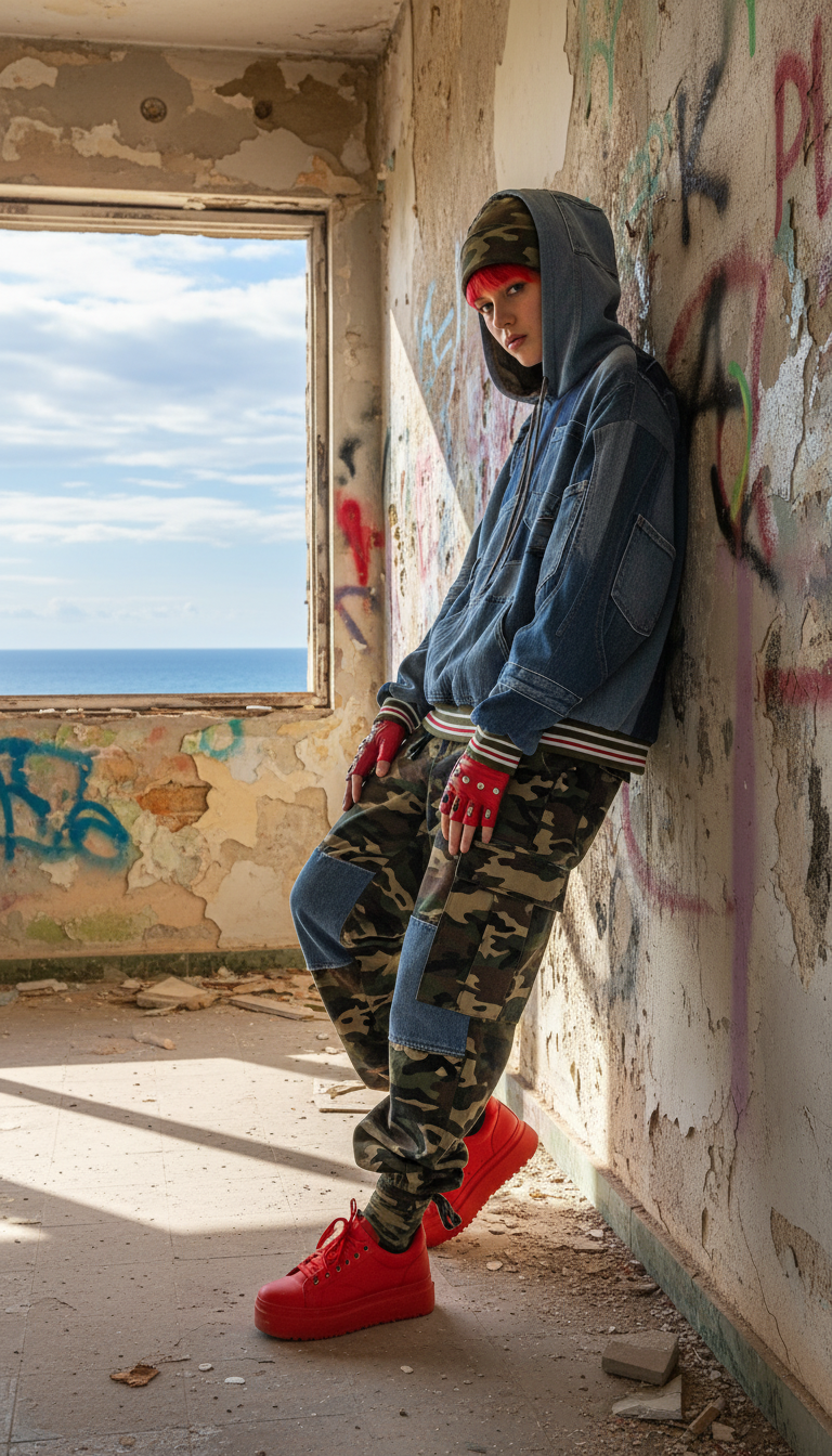 Felpa Unisex in Denim Riciclato con Dettagli Mimetici