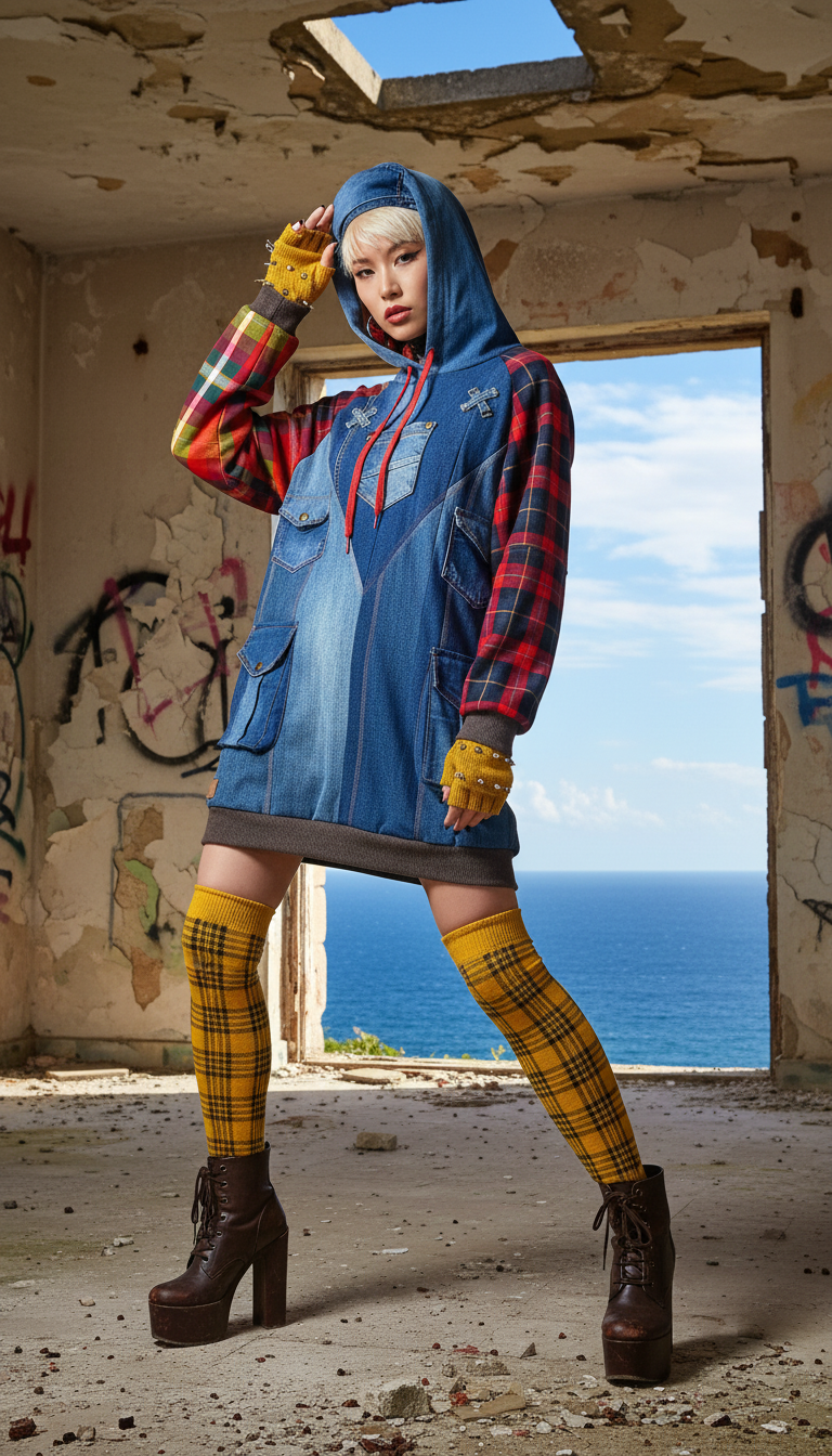 Felpa Lunga Unisex in Denim Riciclato con Maniche in Tartan e Dettagli Artistici