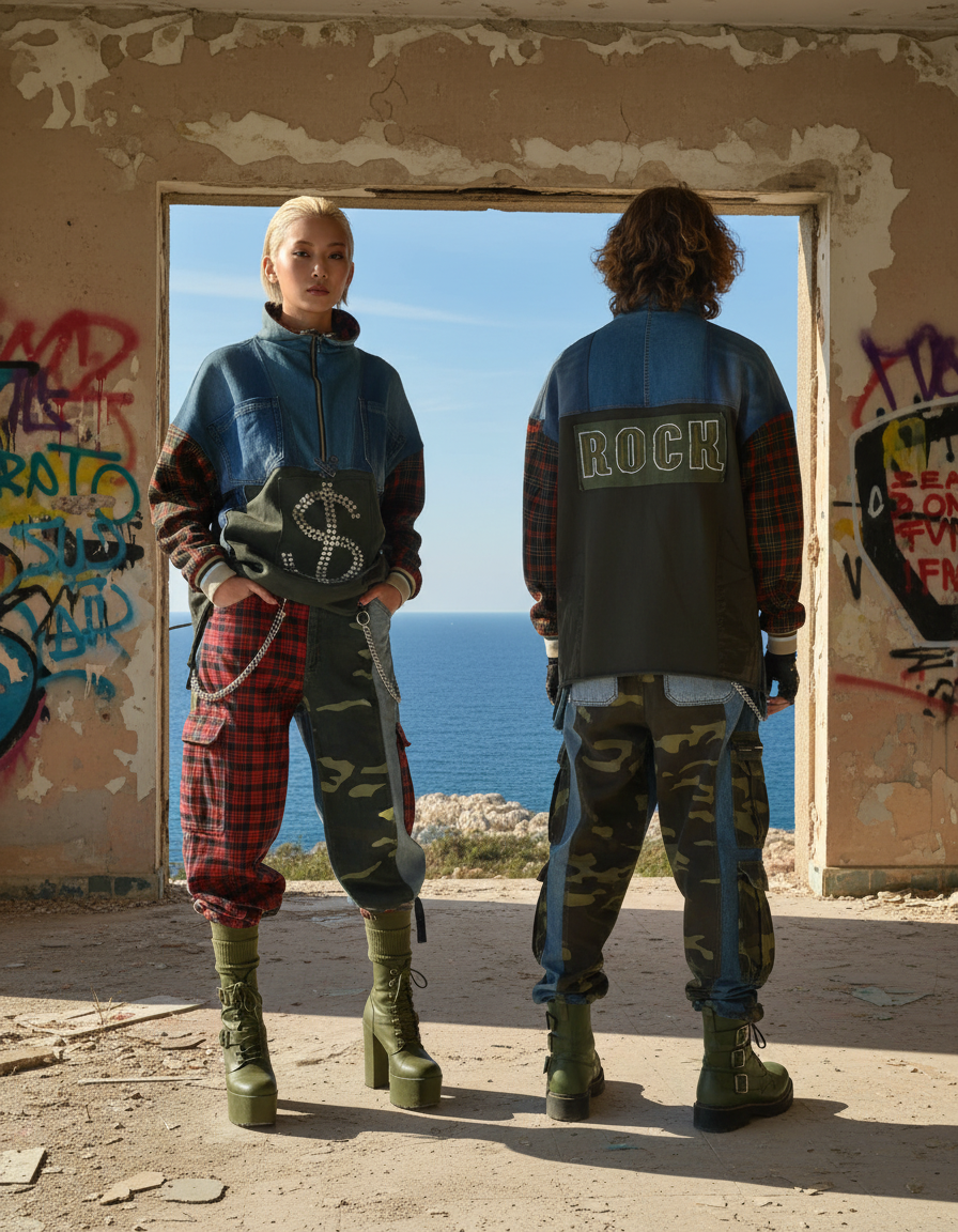 Felpa Unisex in Tartan e Denim Riciclato