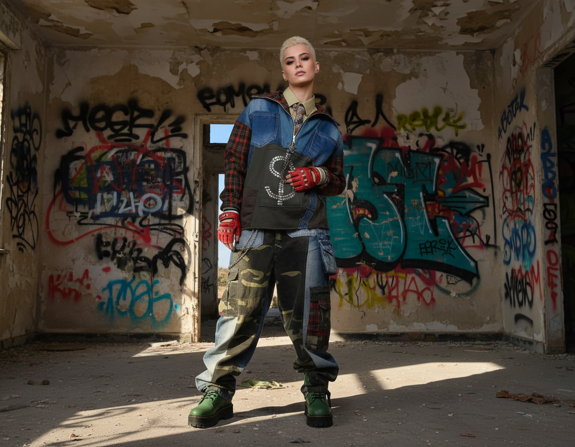 Felpa Unisex in Tartan e Denim Riciclato