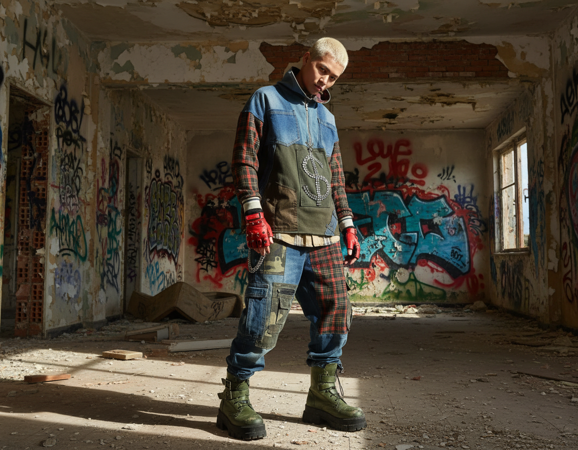Felpa Unisex in Tartan e Denim Riciclato